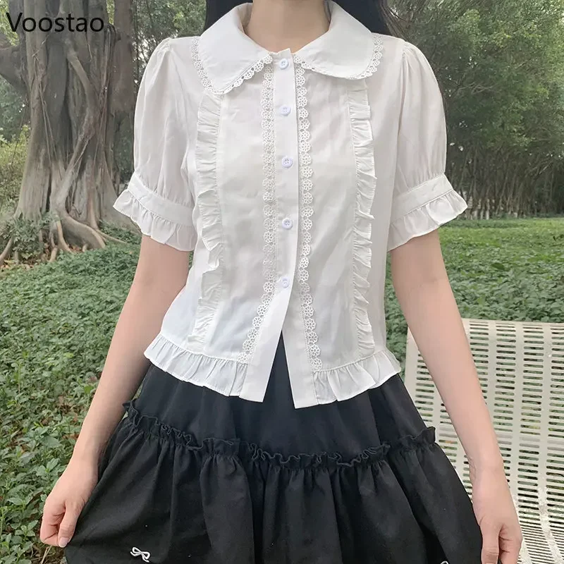 Japanese Sweet Lolita Puff Sleeve Blouse Girls Cute Peter Pan Collar Lace JK Shirt Preppy Style Women Summer Clothes Inside Tops