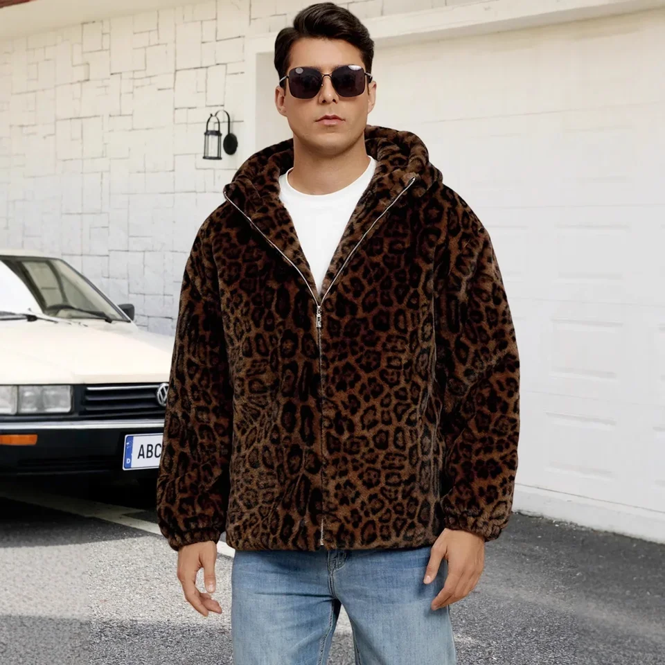 2025 American style New Fashion Men's Leopard Casual Trendy Loose Zipper Long Sleeve Hooded Faux Fur Coats Male Clothes Jackets