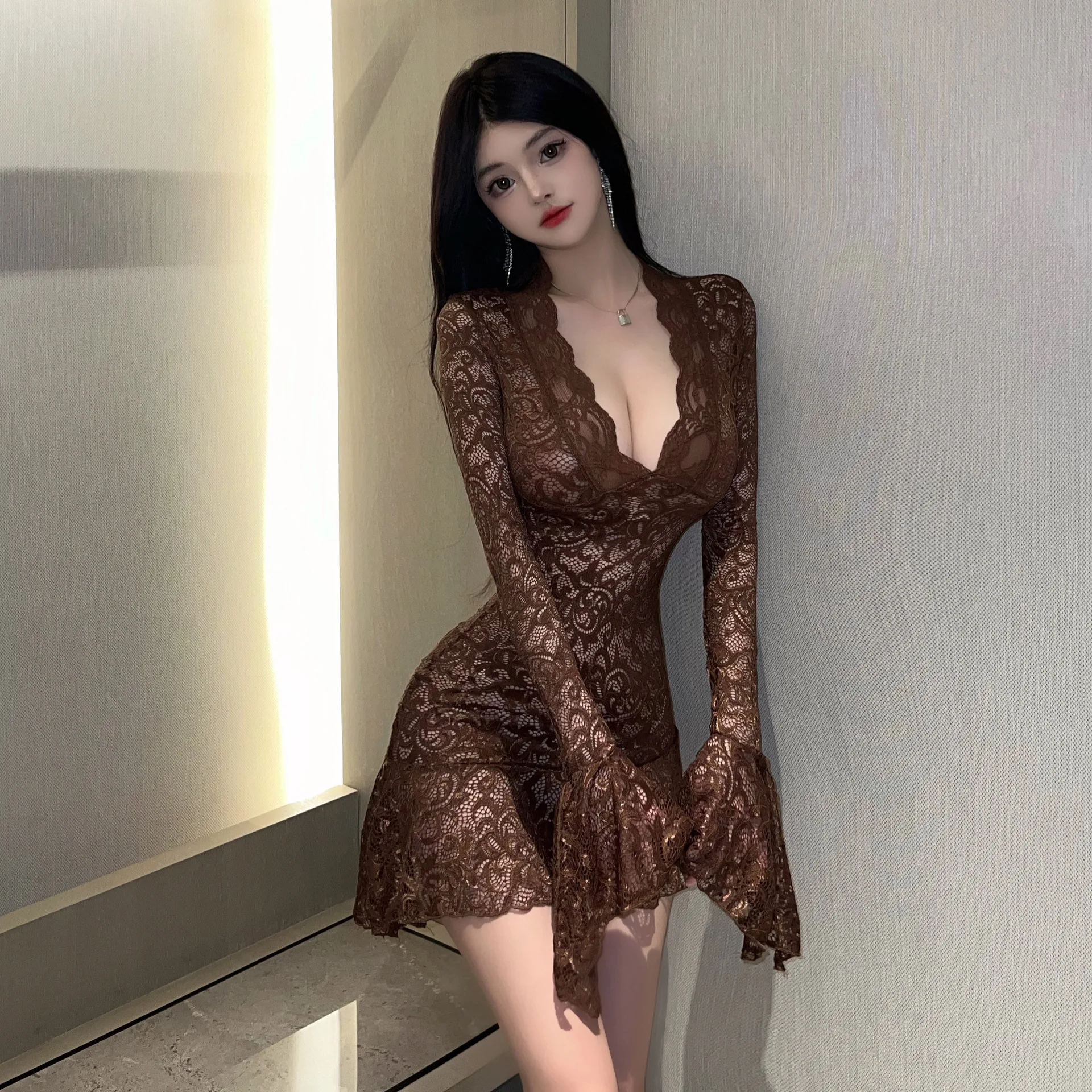 

Сексуальное кружевное платье Bell Sve Dr, женское длинное платье с низкой талией и нерегулярным подолом, Young Spring Faion, китайское платье через плечо Dr