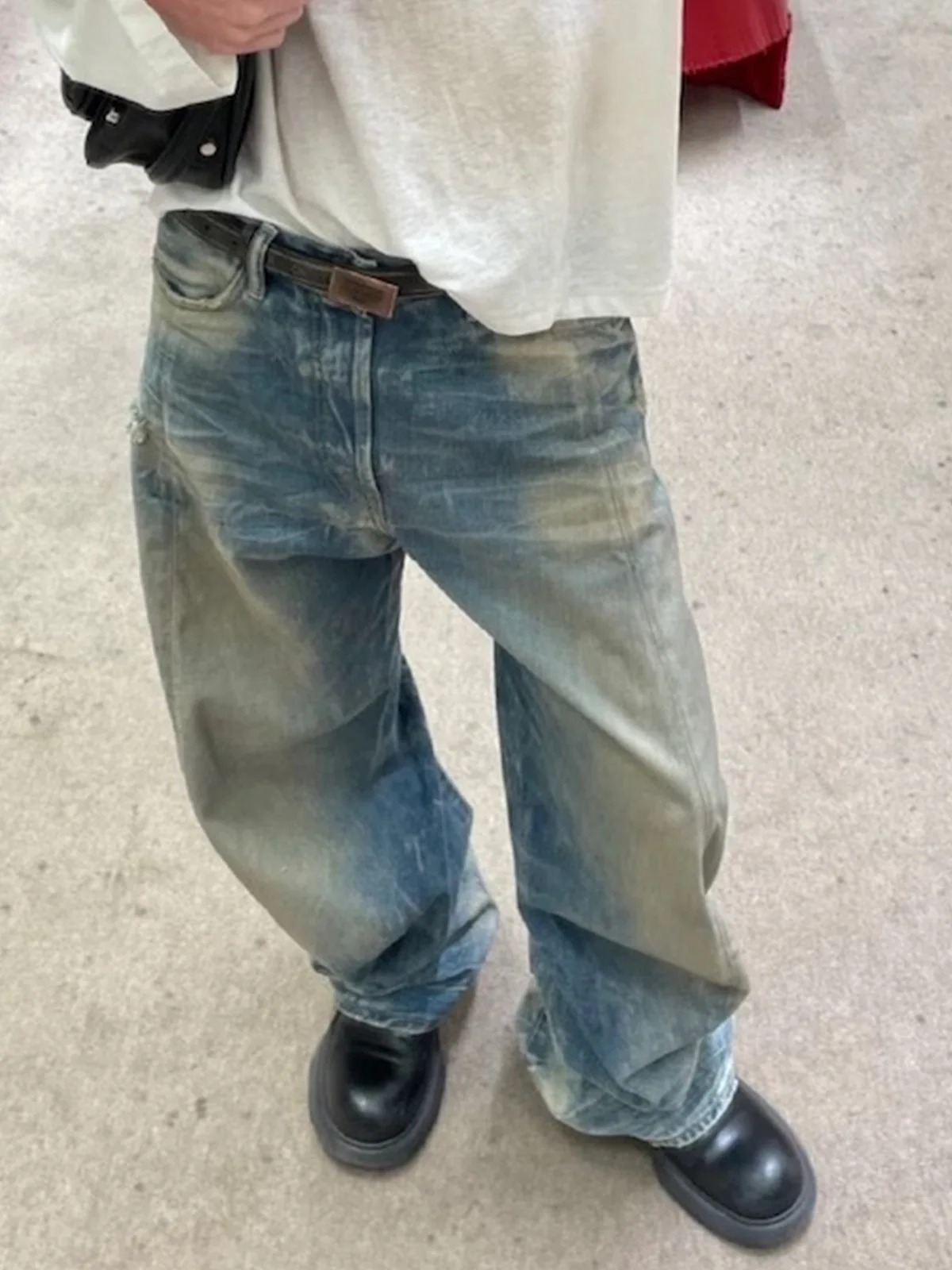 MIJKO 유니섹스 로우 웨이스트 와이드 레그 시미타르 청바지 빈티지 페이드 블루 데님 롱 바지 남성과 여성용 TJ154