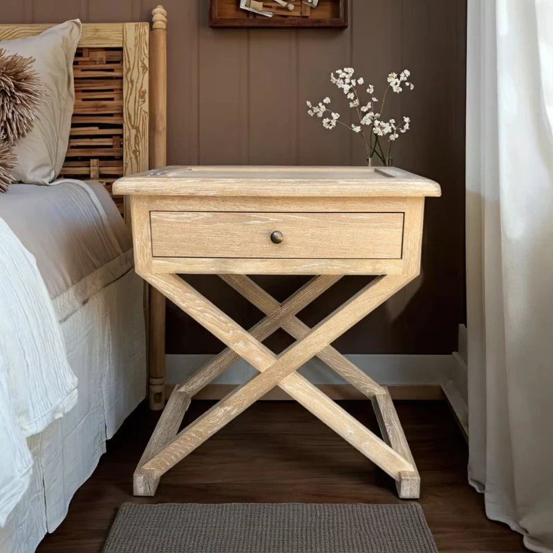 All-natural oak bedside table cross-leg base bedside table with drawer storage cabinet
