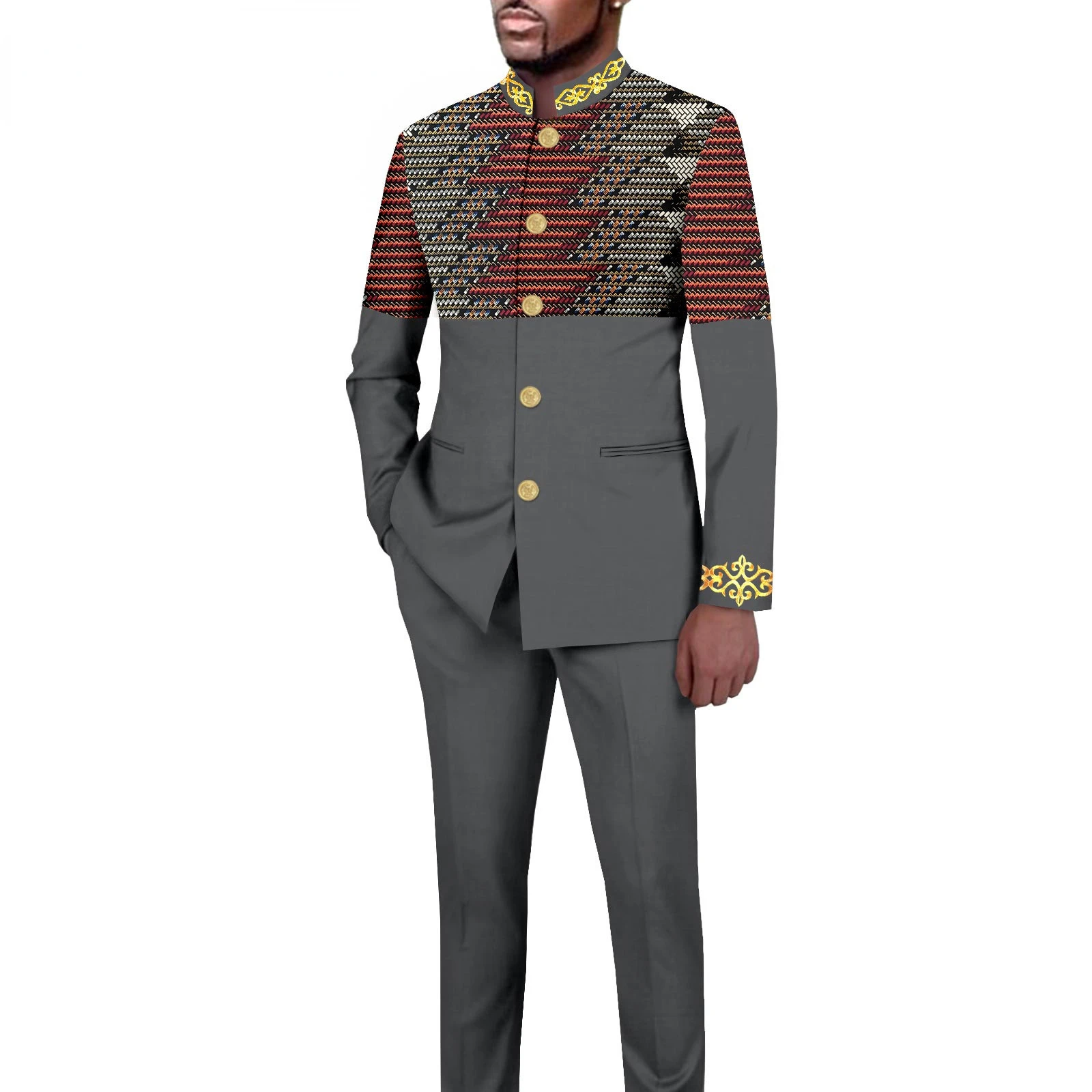 Abito da uomo su misura tinta unita monopetto colletto alla coreana Blazer lungo stile africano 2 pezzi giacca pantaloni abbigliamento uomo uomo