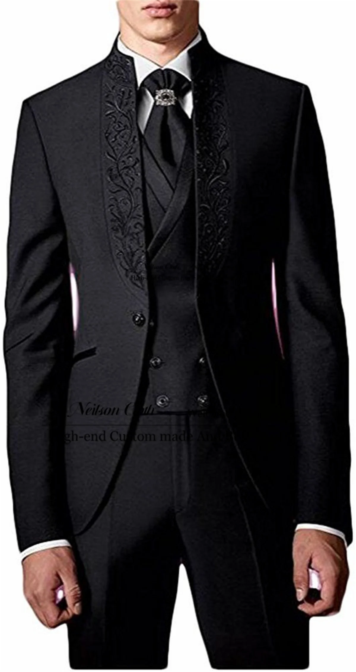 

Модные черные мужские пиджаки для выпускного вечера, комплекты из 3 предметов, свадебные смокинги для жениха на одной пуговице, индивидуальный облегающий костюм с воротником-стойкой Homme