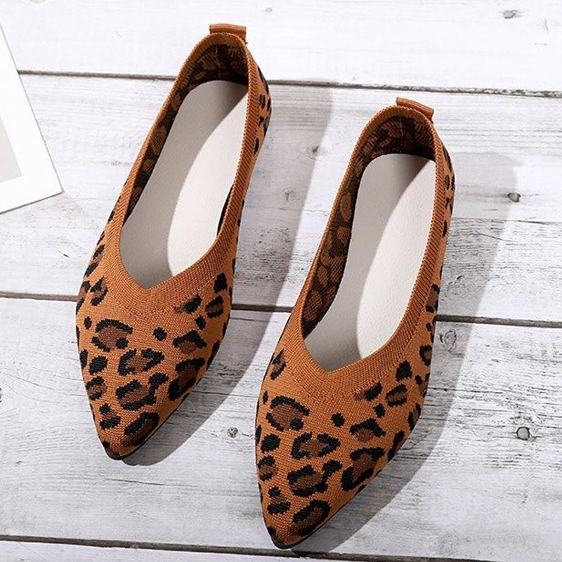 Elegant Houndstooth Knitted Ballet Flats Woman Point Toe Mesh Moccasins Ladies Big Size Leopard Loafers Soft Driving Shoes