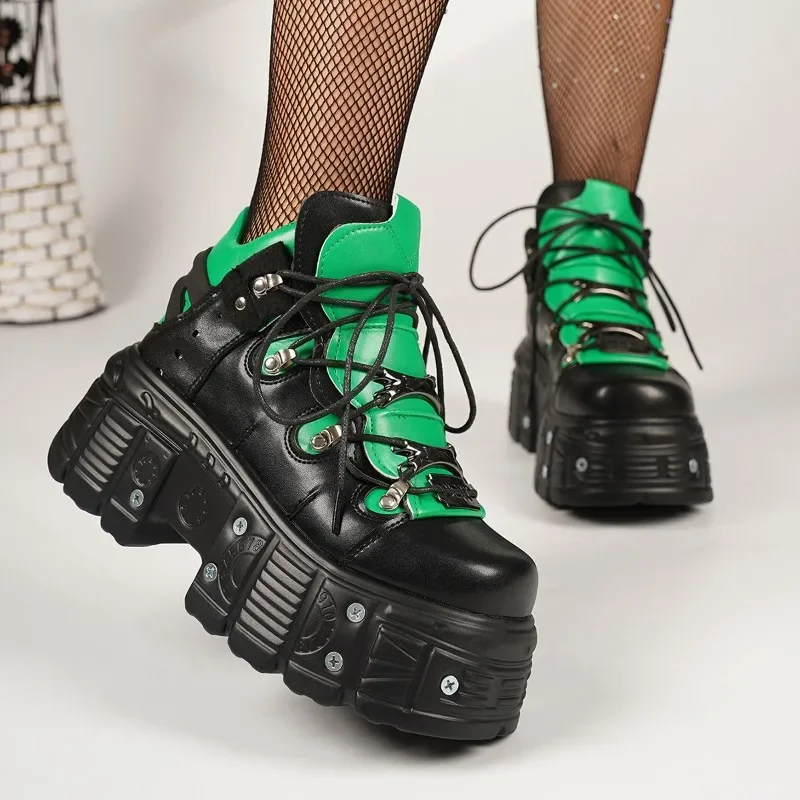 Platform Studded Non-Slip Single Shoes for Women Round Toe Spliced Lace-Up Wedges