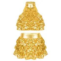 Kids Girls Hip Hop Jazz Latin Ballet Dance Performance Costume Round Collar Backless Shiny Sequin Tiered Crop Top with Skirt