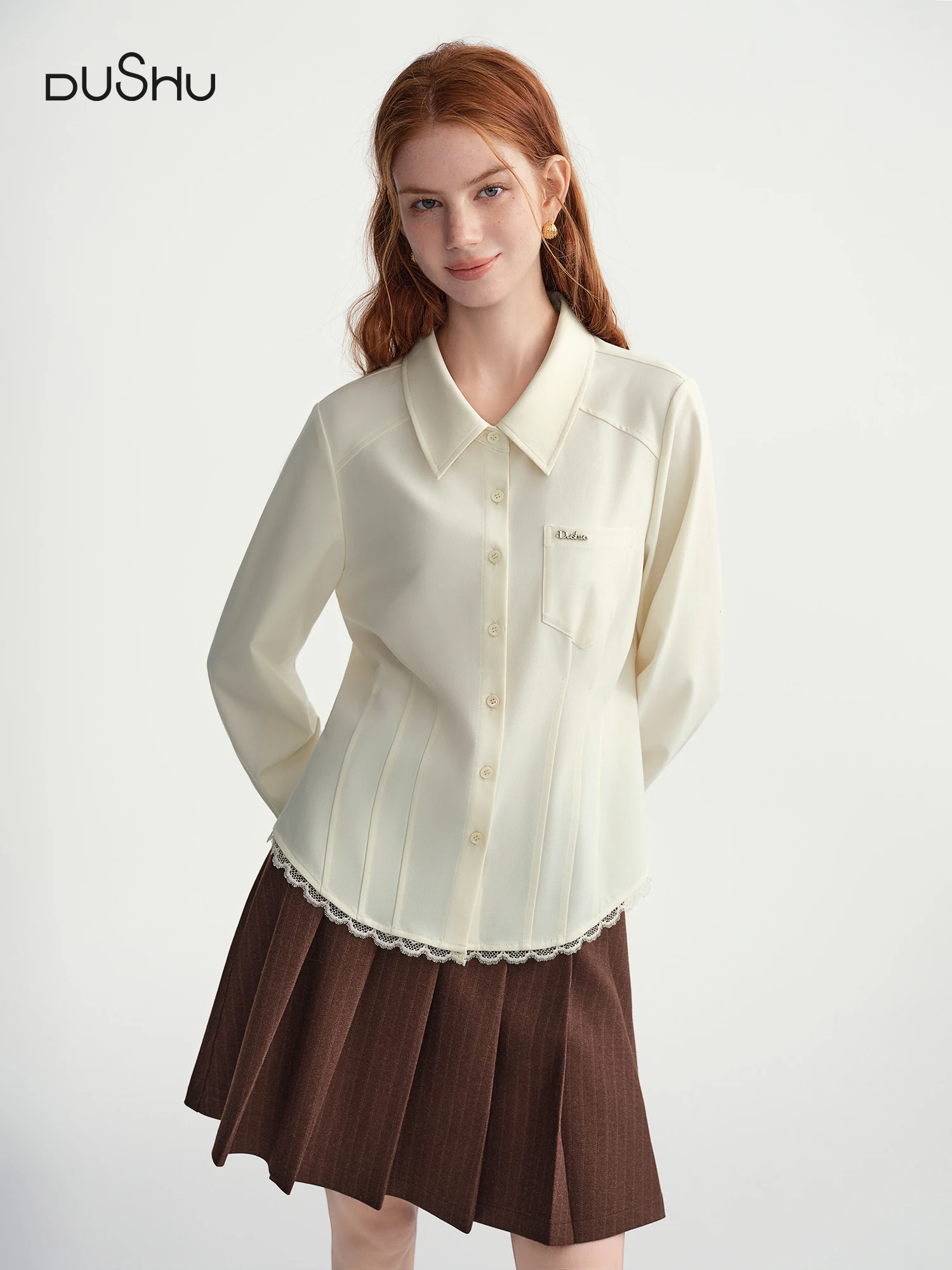 

DUSHU Plus-Size Women's Lace-Trimmed White Blouse with Pleated Slim-Fitting Design Fall-Winter 2025 by Dream Atmosphere Shirt