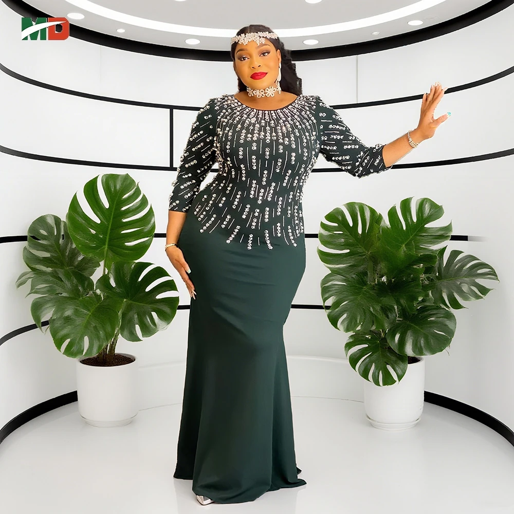 

MD Plus Size African Women's Gown Plus Size Green Mermaid Maxi Dress with Crystal Diamond Embellishments For Parties & Evenings