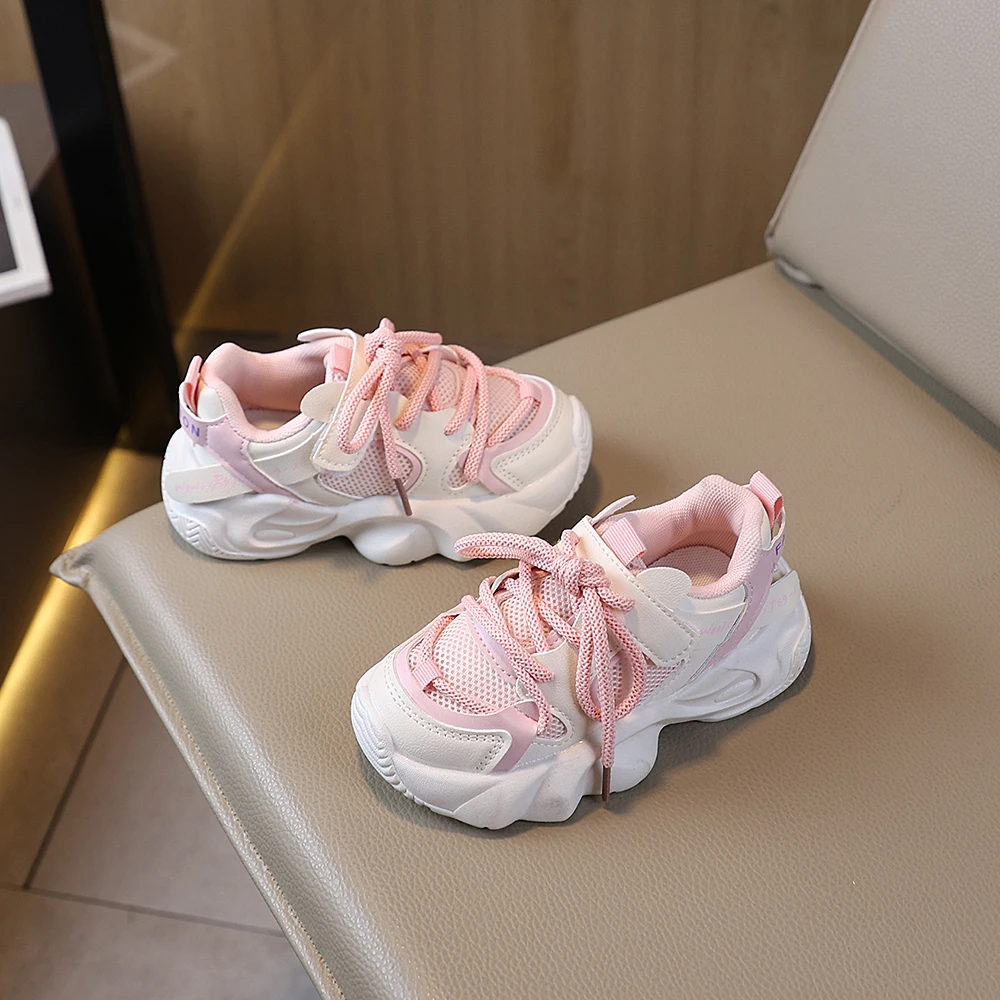 COMFY KIDS Girls 3-8 Years Pink White Chunky Sneakers Mesh Upper Breathable Lace-Up Soft Comfortable Sole Cushioned Daily Casual School Shoes