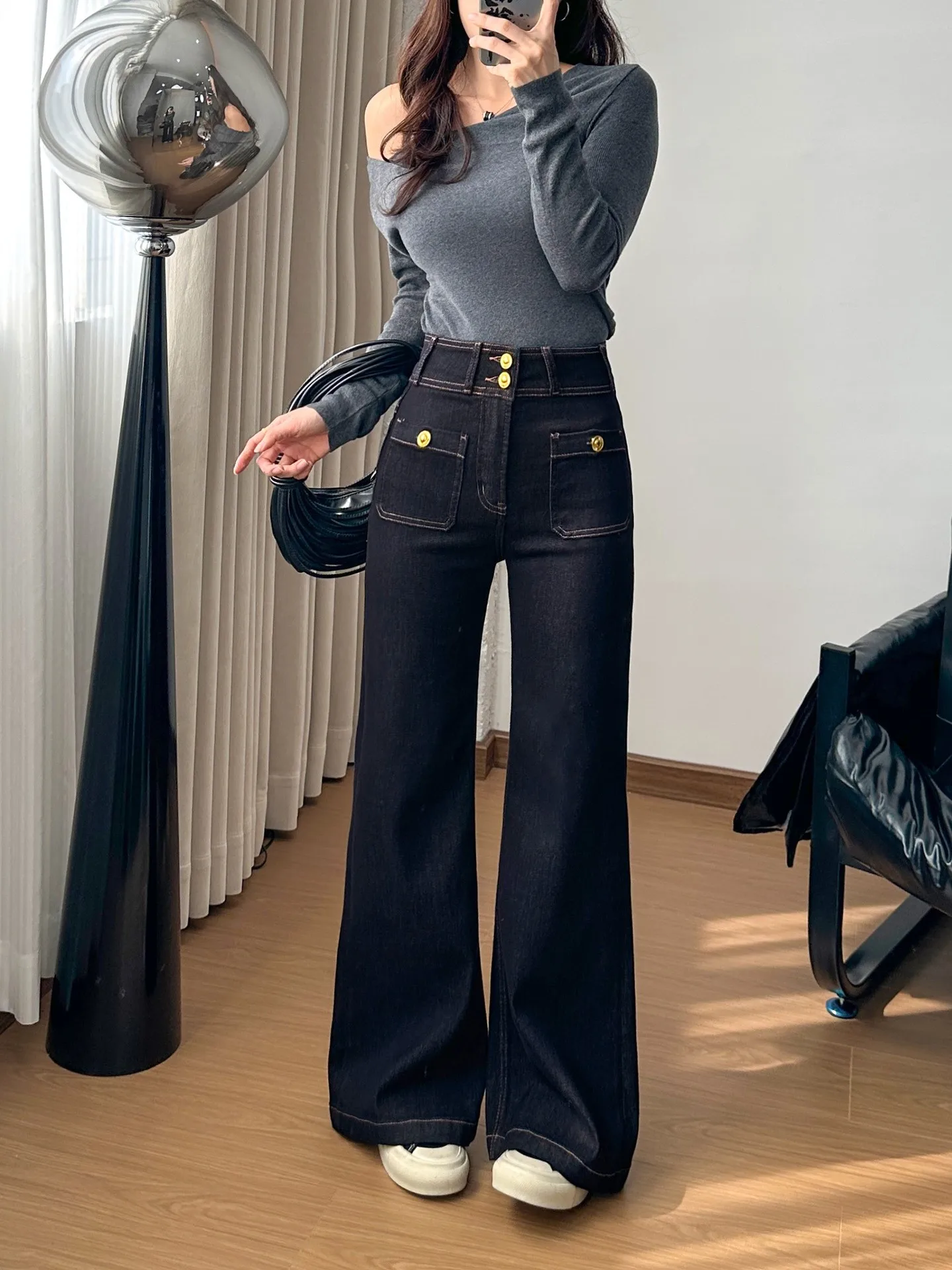 Autumn Women's Clothing High Waist Stretch Flare Jeans For Woman Baggy Pants Denim Full Length Cotton Rich Soft Fabric
