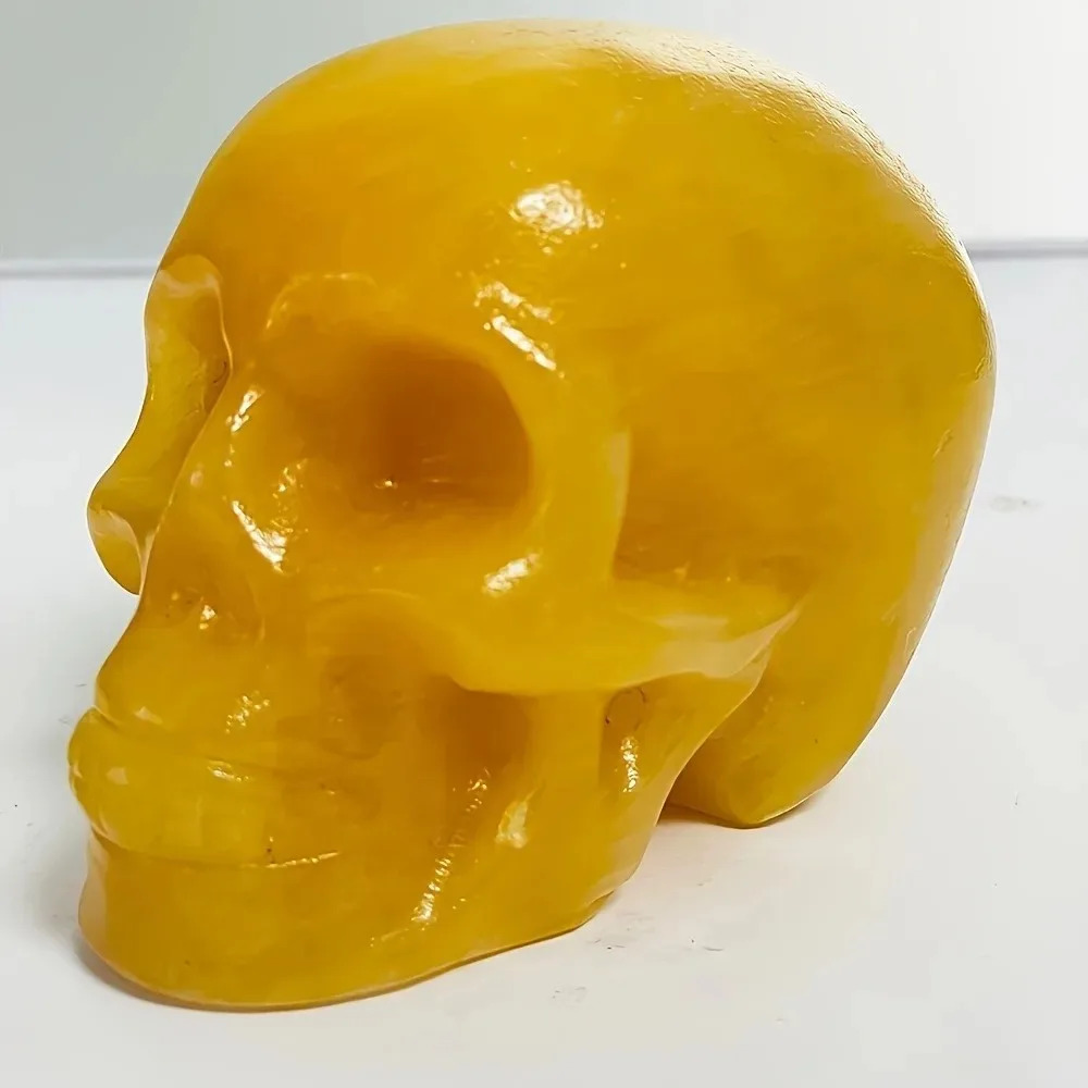 Polished Yellow Calcite Crystal Skull Statue, Reiki Healing Mineral Specimen, Gothic Halloween Decor, Spiritual Gift
