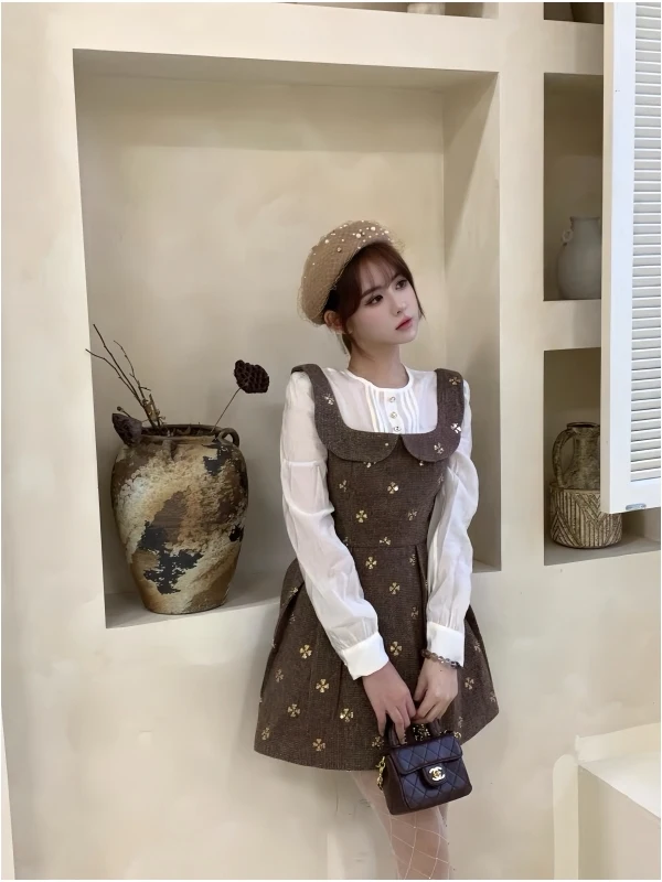 Rich Girl Sle Ele Long Sve Splice Dr Slimming ort A-Line Skirt Fake Two-Piece Design Waist-Cinching Faionable