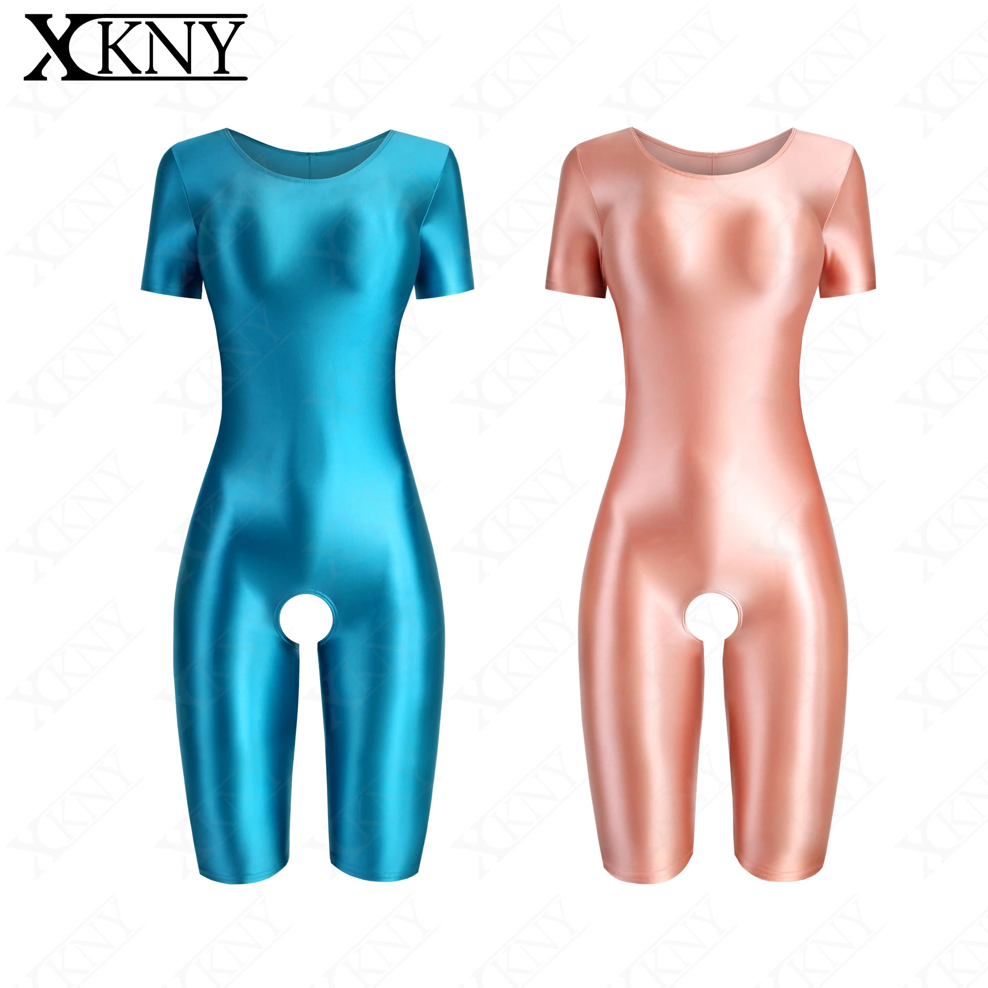 

XCKNY satin glossy tights oily silky round neck Open crotch suit Yoga Leotards short sleeved short pants tights unisex swimsuit