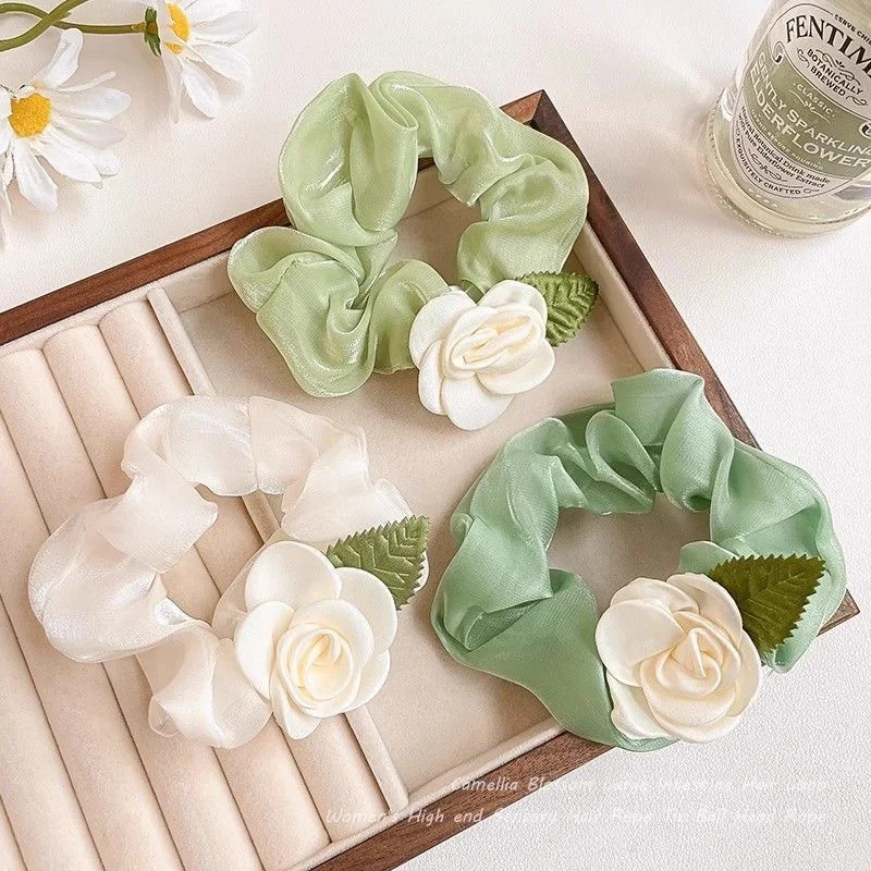 Camellia Flower Scrunchies Elegant Temperament Elastic Rubber Bands Mesh Ponytail Holder for Women Girls Korean Sweet Headwear