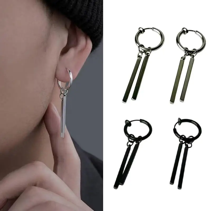 Jewelry Stainless Steel Punk Cool Men Women Ear Clip Stud Earrings Long Stick Pendant Fashion Hip Hop Drop Party Earring