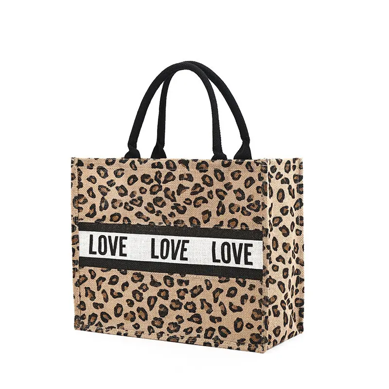 2022 Cotton Linen Bag Jute Full Version Portable Rough Shopping Large Capacity Retro Leopard Print Travel Fashion Women\'s Bag