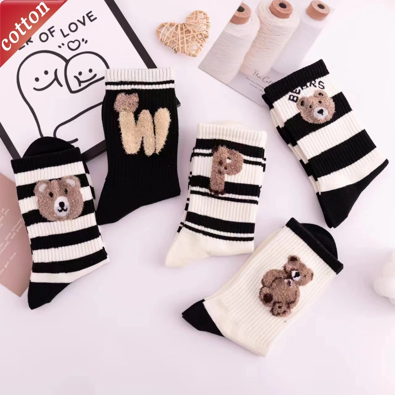

5 Pairs Women's Socks Set Korean Striped Cartoon Bear Kawaii Funny Cute Verstaile Comfort High Quality Socks For Girl Wholesale