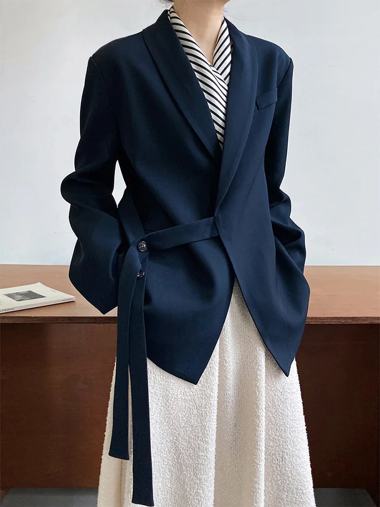 [EAM] Women Apricot Irregular Belted Big Size Blazer New Lapel Long Sleeve Loose Fit Jacket Fashion Spring Autumn 2024 1DF5081