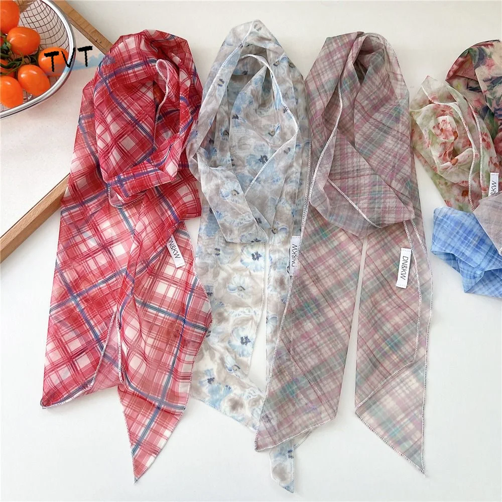 

Bow Ties Plaid Pattern Long Silk Scarf Cravat Printed Flower Scarf Mesh Floral Long Ribbon Scarves