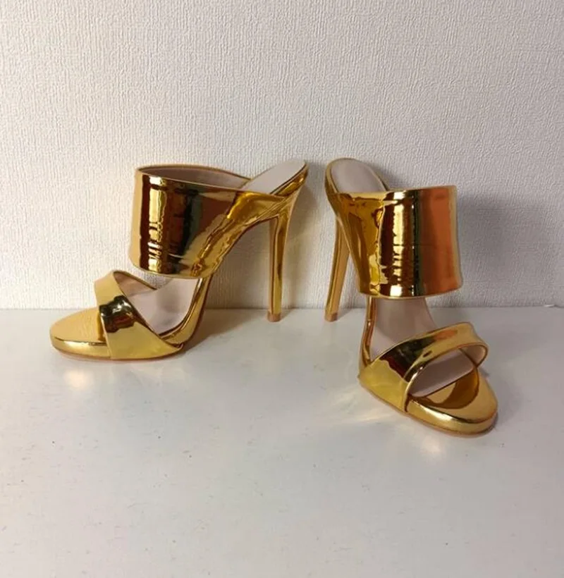 

Golden Metallic Leather Heel Sandals Open Toe Big Strap Slip On Summer Slippers Women Outside Shoes Drop Shipping