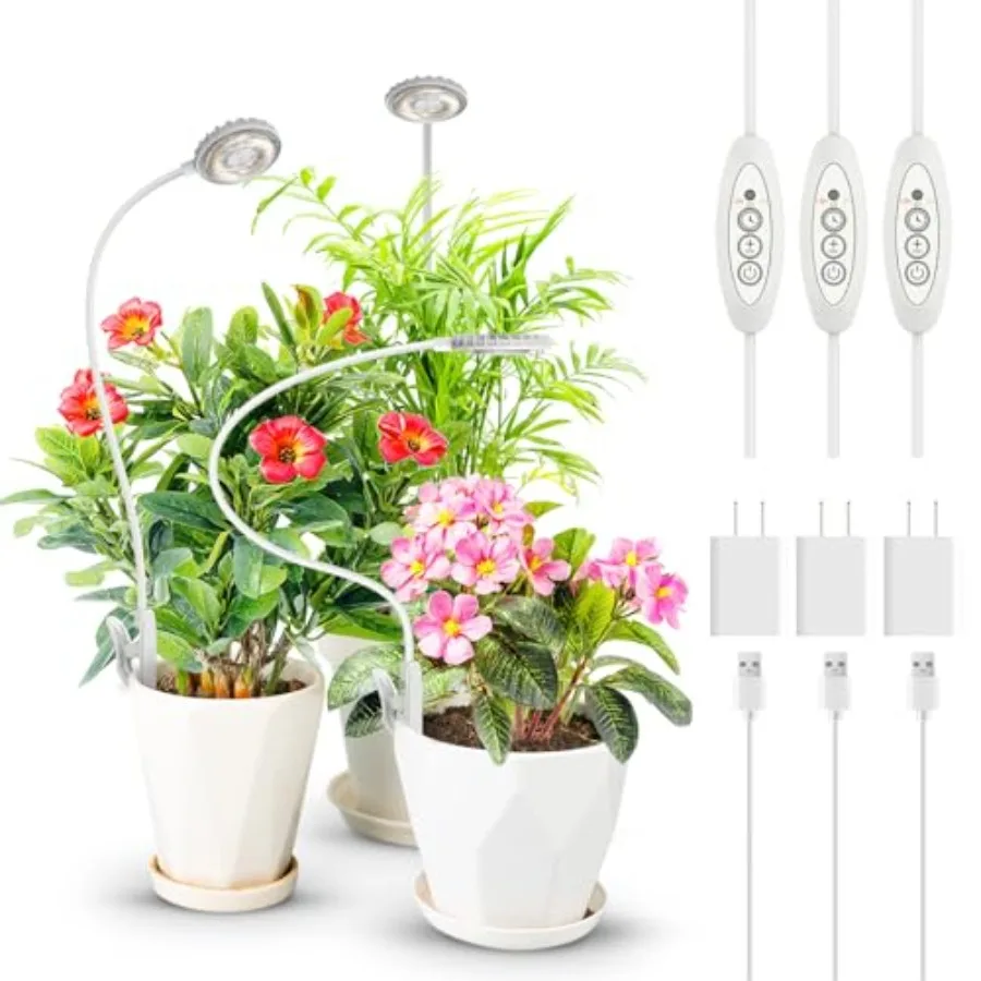 

Clip on Grow Lights Full Spectrum 5W 3 Pack for Small Indoor Plants with Auto On/Off Timer 3/6/12H 4 Dimmable Brightness Black
