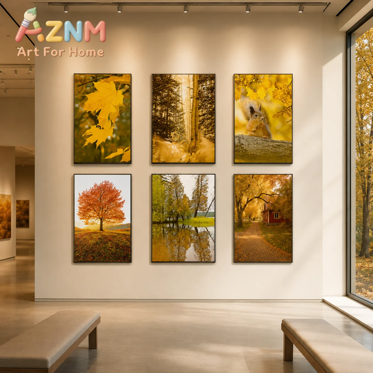 Autumn Squirrel Forest Canvas Wall Art Golden Maple Leaf Fall Tree House Print Poster Farmhouse Decor for Living Room Entryway