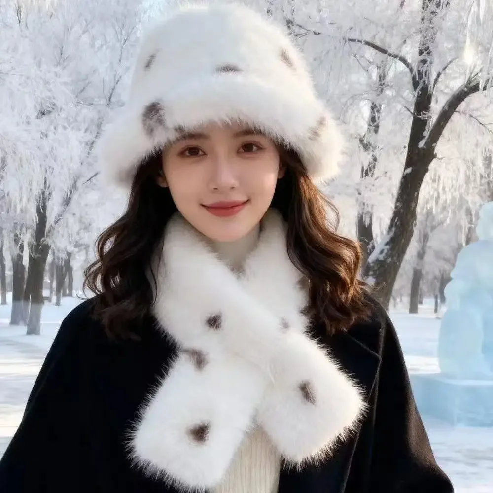 Leopard Print Women s Hat and Scarf Set 2 Piece with Reversible Thick Knit Scarf and Wide Brim Fisherman Hat Korean