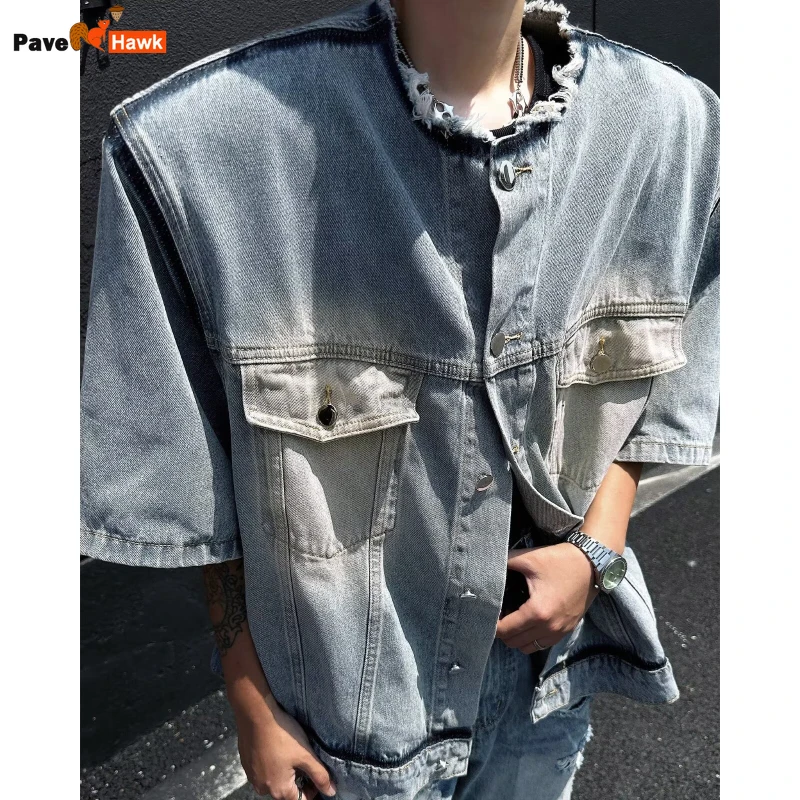 

Short Sleeved Mens Denim Jackets Summer Fur Edge Retro Trend Tooling Cowboy Tops Hip Hop Multiple Pockets Shoulder Pads Shirts