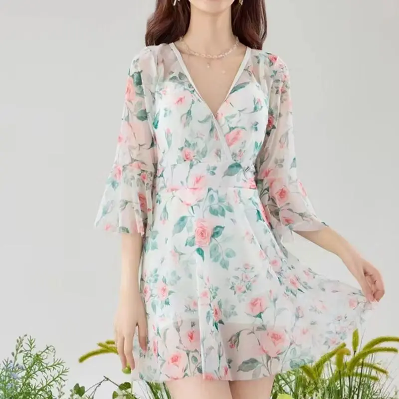 New Women's One-piece Swimsuit Plain Corner Large Size Hot Spring Long-sleeved Korean Style Sexy Oversized