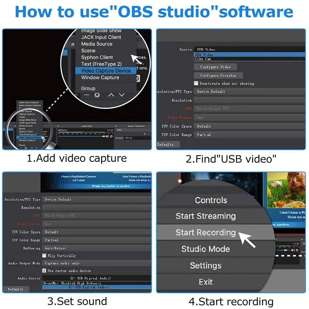 USB 2.0 Video Capture Card com Loop Out, Caixa de Gravação para PC, Laptop, Xbox Games, Live, Boardcast Streaming, 4K, HD, 1080P, 720P, 30Hz