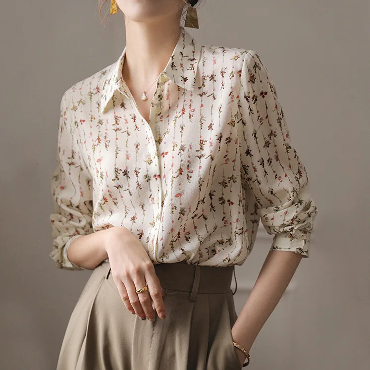 Seidenhemd Damen Sommer Neues bedrucktes langärmliges, lockeres, vielseitiges Oberteil im westlichen Stil