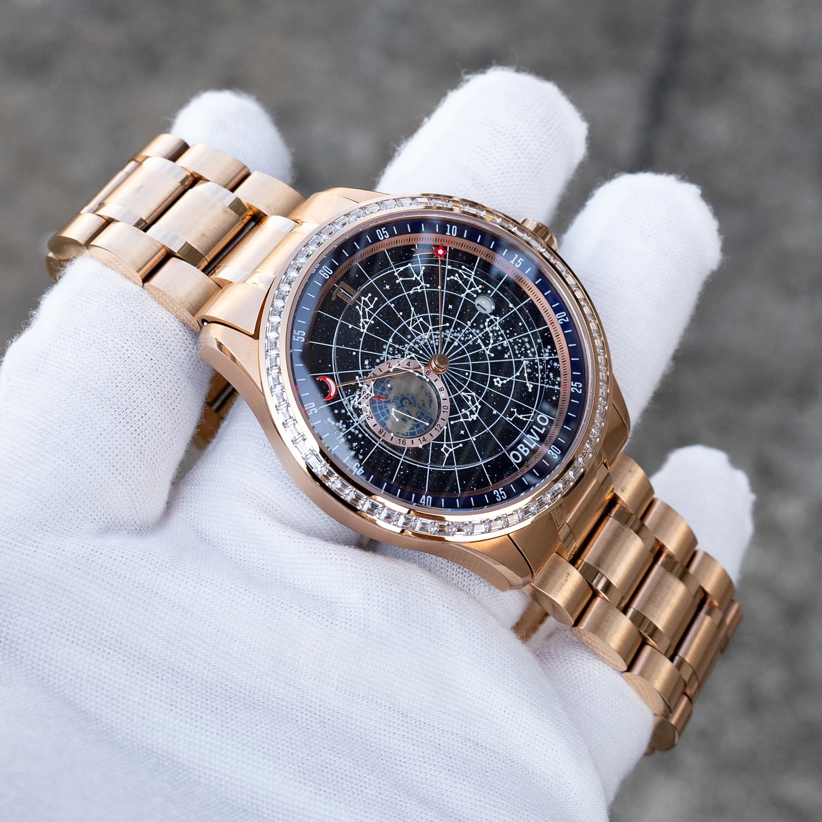 ساعة OBLVLO للرجال أنيقة باللون الذهبي الوردي ونجمة الأرض مع إطار ماسي ومينا أزرق وسوار أوتوماتيكي وسوار ساعة GC-D