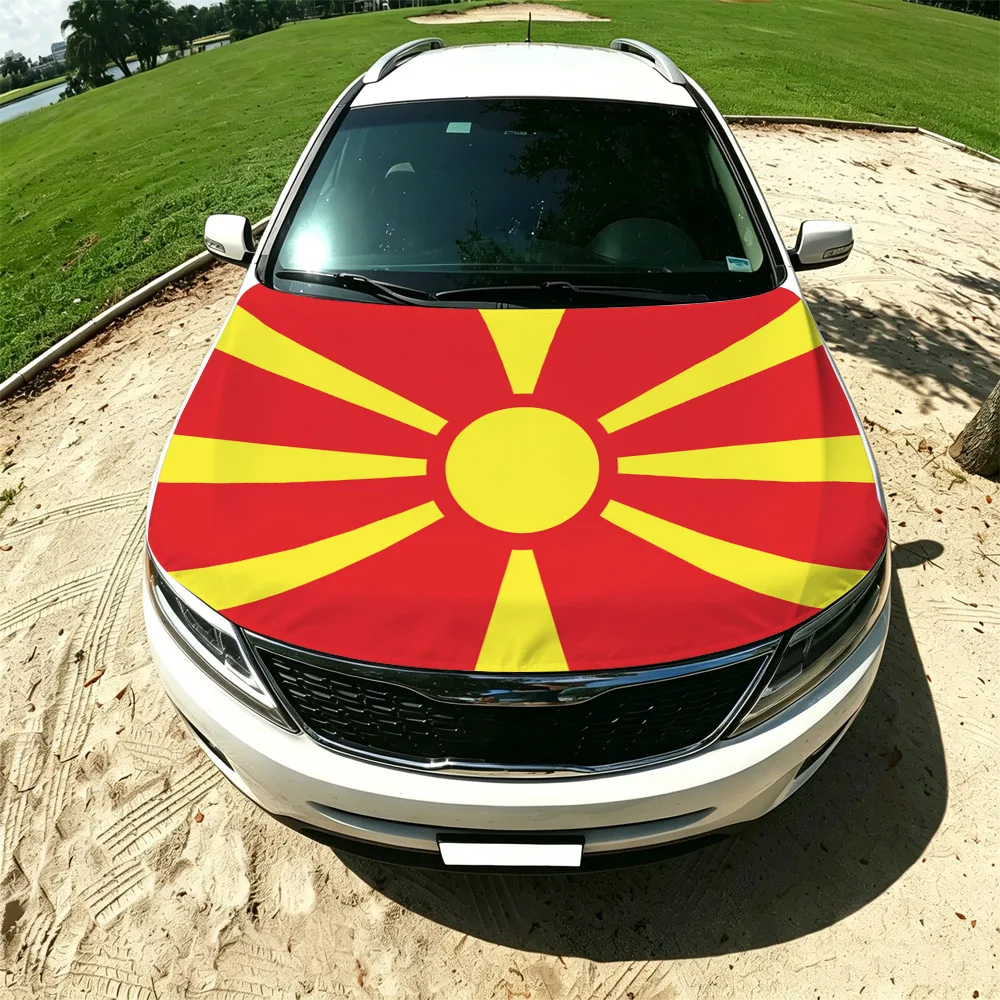 130x160cm North Macedonia Flag Car Hood Cover, Elastic Windproof Patriotic Bonnet Banner