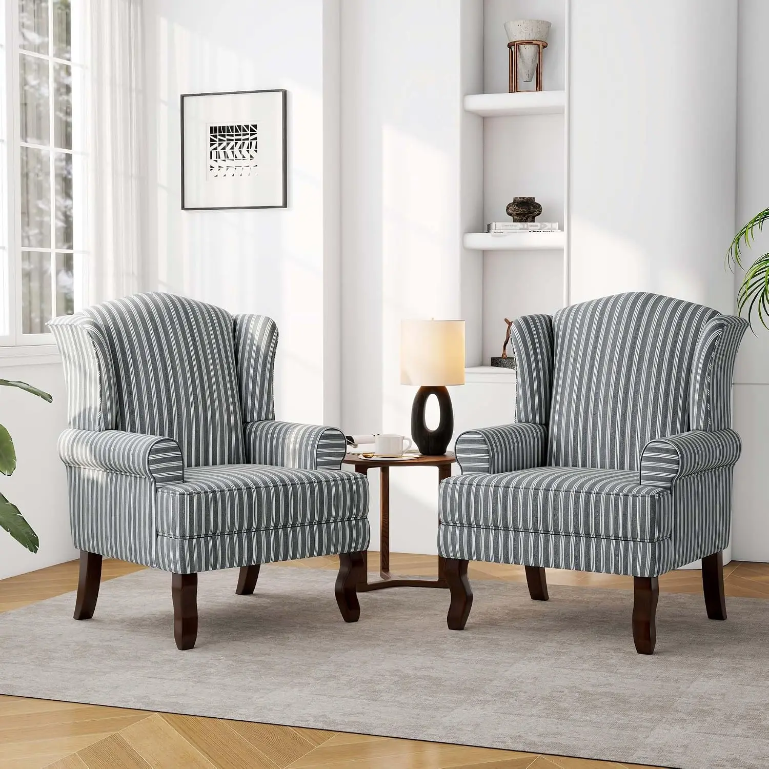 Mid-Century Modern Wingback Accent Chair, Stripe Grey, Set of 2, Customized