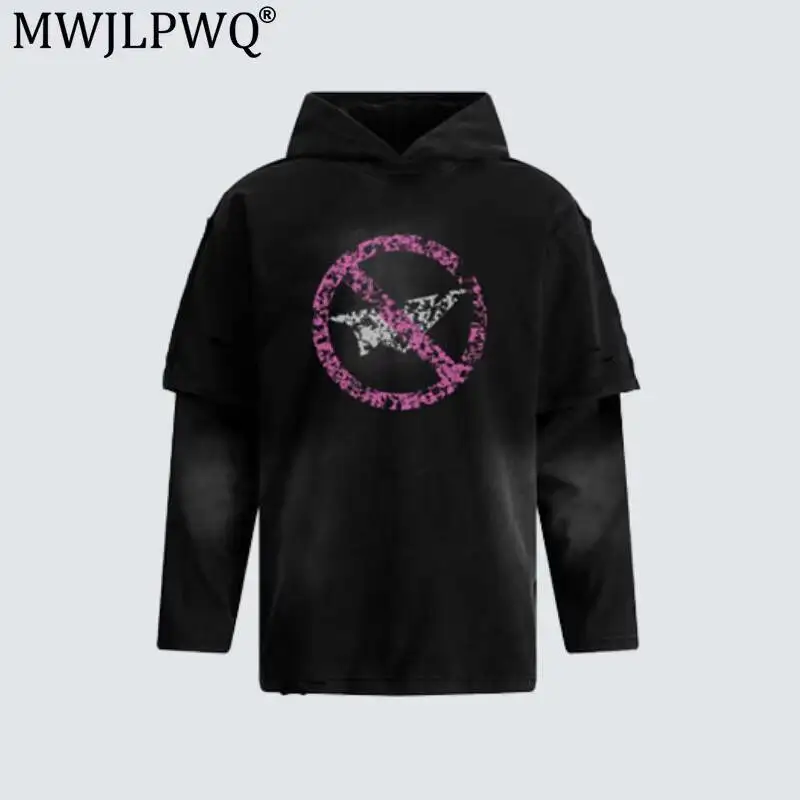 MWJLPWQ Distressed Hooded Sweatshirt For Men Women American Retro Vintage Print Faux Two-Piece Loose Fit Dark Style Tops 20169
