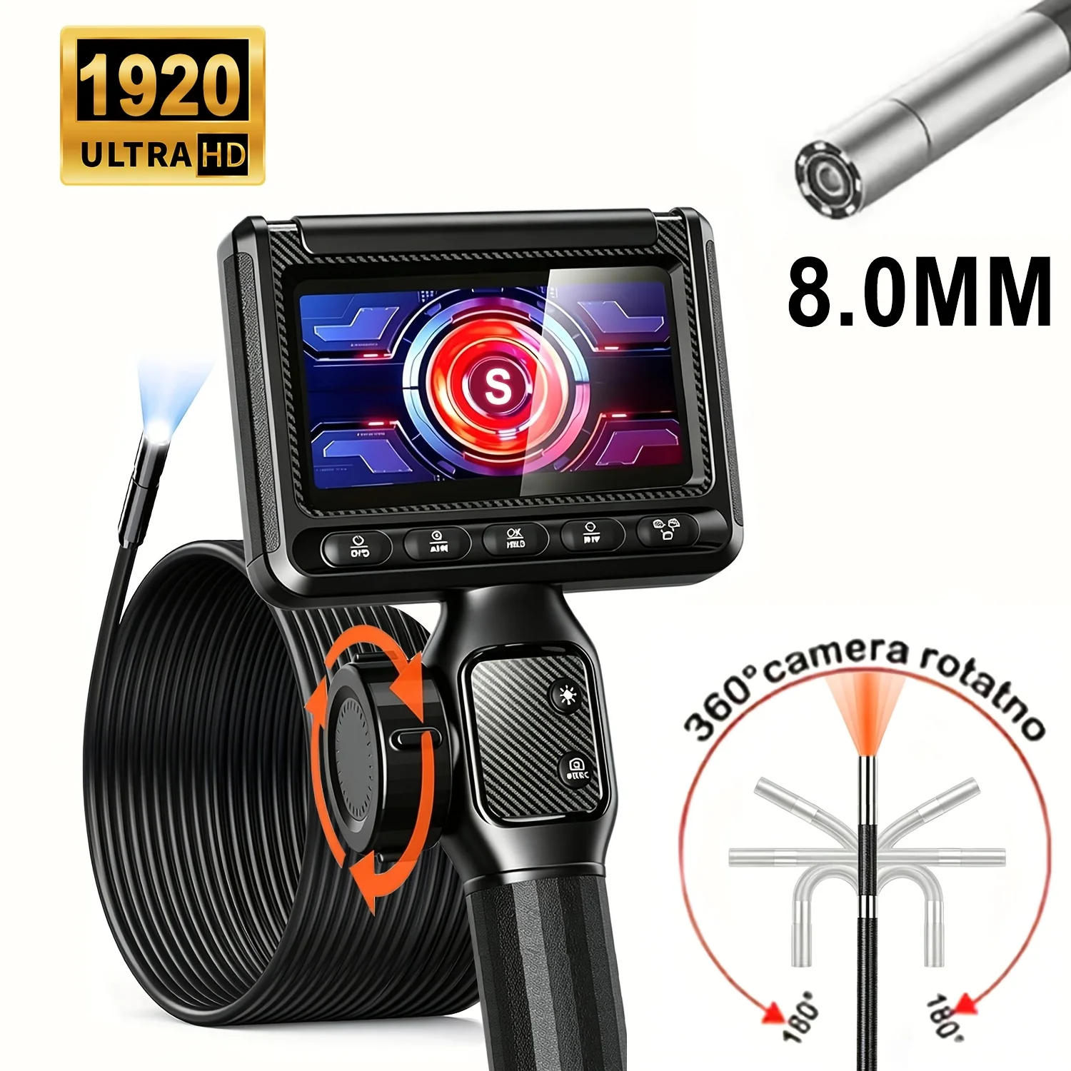 Endoscope Camera with Light, Fexible Snake Inspection Scope, Industrial, Pixel Resolution and Is Capable of Capturing Photos and Videos. It Is Designed for Examining Small Areas and Can Easily Retrieve Tiny Objects, with A 360° Rotation Capability