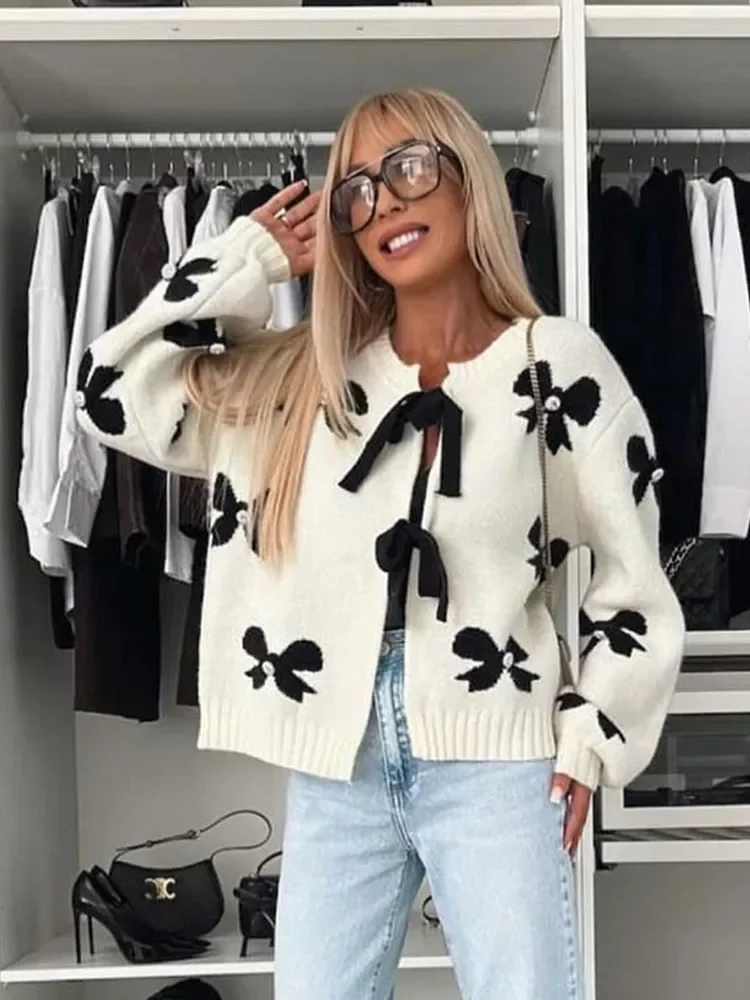 Printed Contrast Lace Up O-neck Knitted Cardigan Elegant Long Sleeved Casual Women\'s Sweater 2024 Ladies Autumn Sweet Outerwers