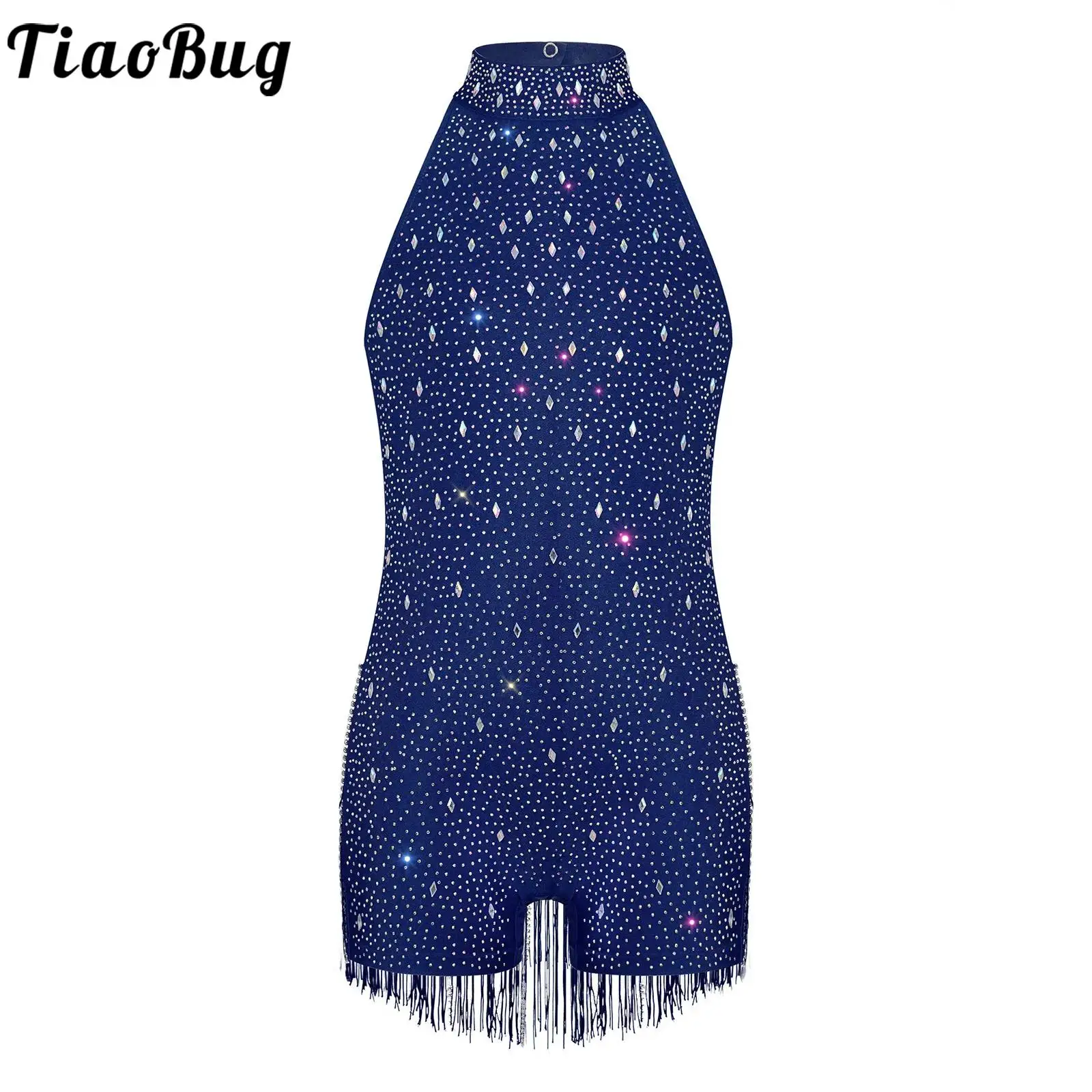 

Kids Girls Latin Jazz Dance Fringed Jumpsuit Leotards Tango Cha-cha Halter Sleeveless Rhinestones Bodysuit Performance Costumes