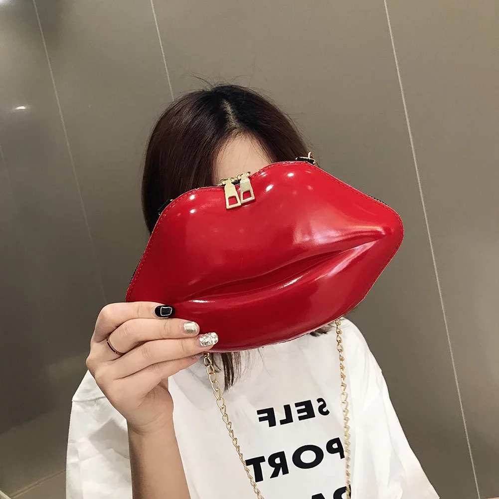 Lips Shaped Small Sling Purse PVC Women Chain Crossbody Bag Coin Bag Solid Phone Bag Designer Bag Chic Satchel Zipper Clutch Bag