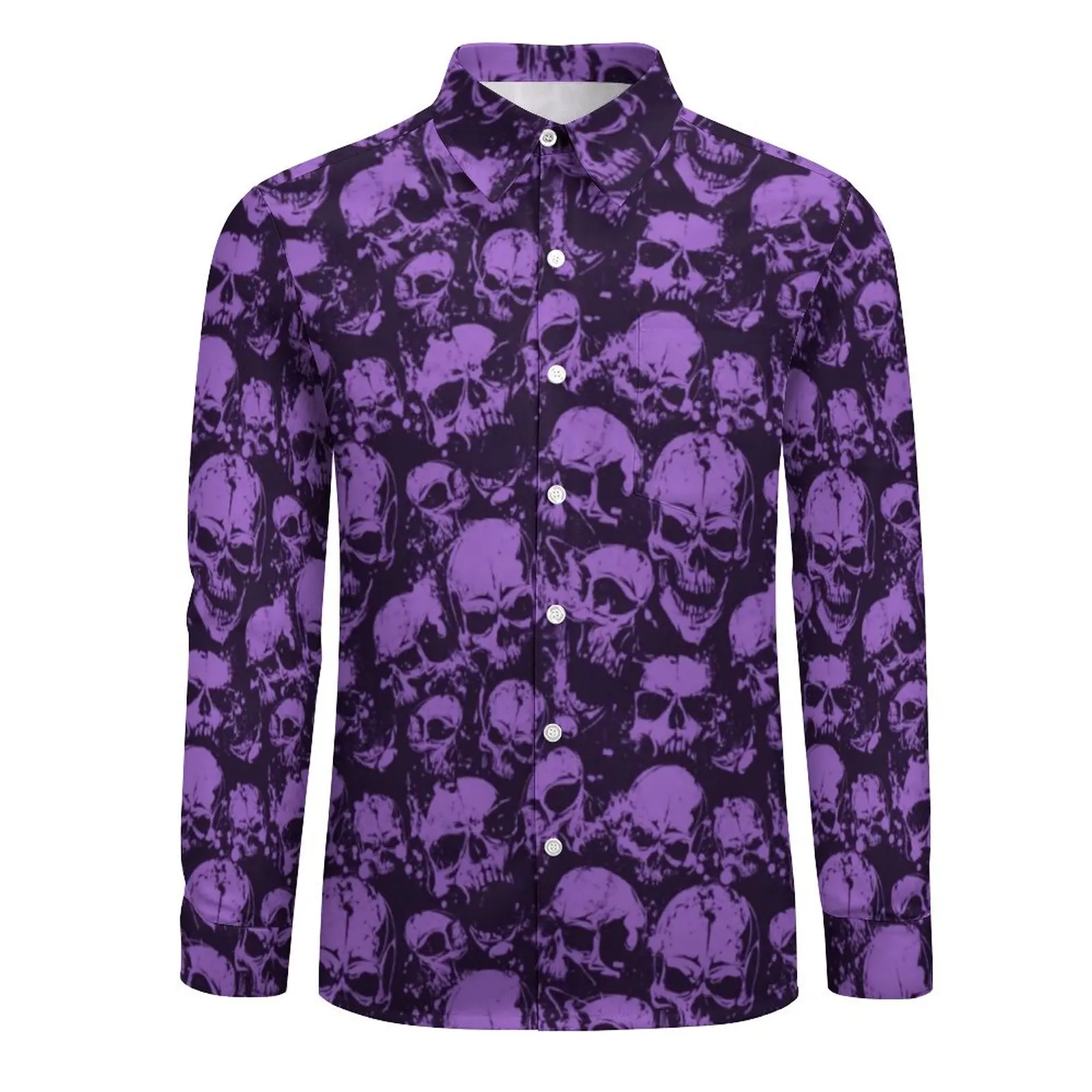 Purple Skull Shirt Men Halloween Print Casual Shirts Autumn Harajuku Custom Blouses Long Sleeve Fashion Oversized Clothing Gift