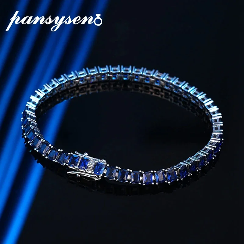 PANSYSEN Vintage 100% 925 Sterling Silver Sapphire Gemstone Charm Bracelets for Womem Men Anniversary Party Fine Jewelry Gift