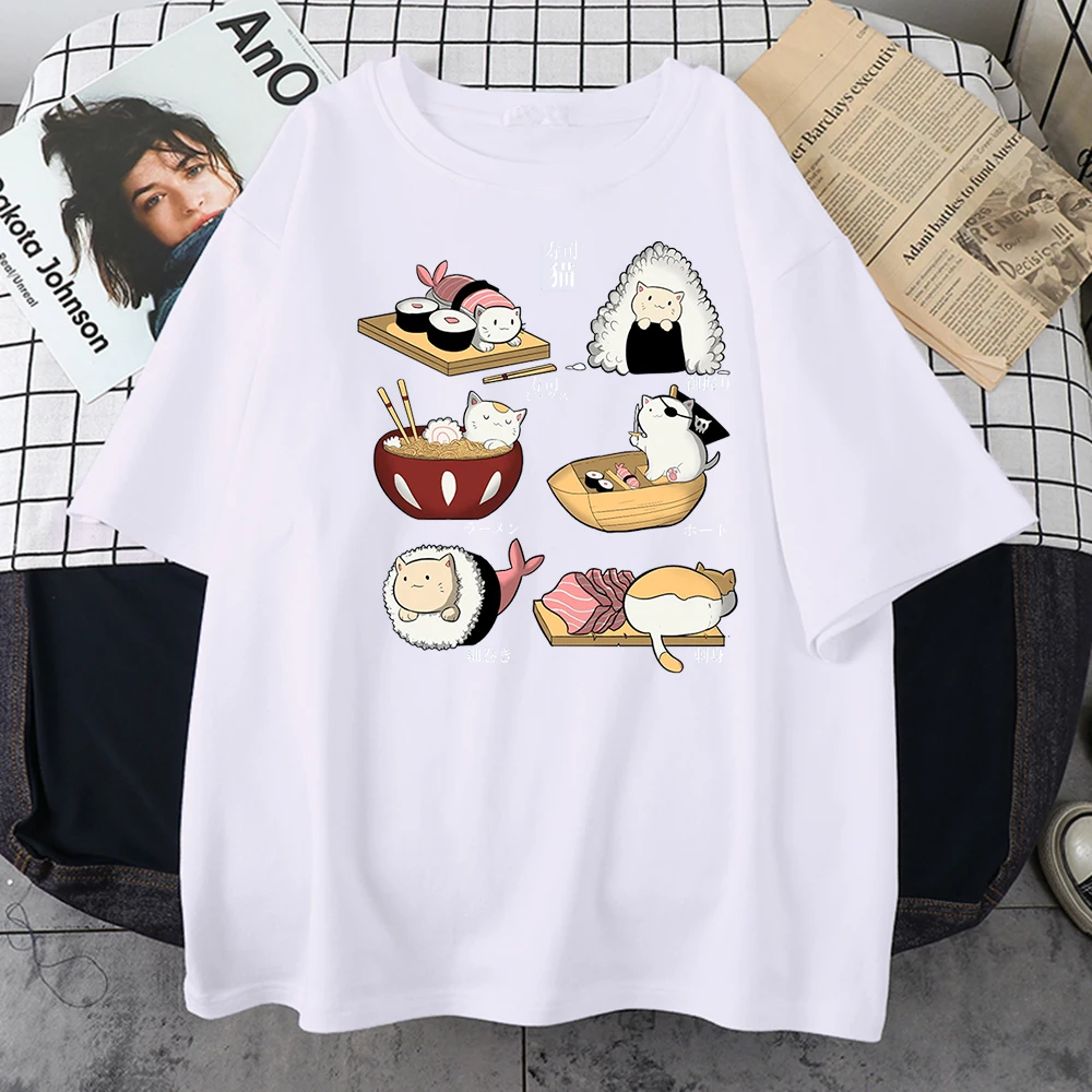 Food Cute Cat Sushi Cartoon Style Women Short Sleeve Harajuku Casual All-math T-Shirts Oversize Fashion Women Tee Clothing Y2K