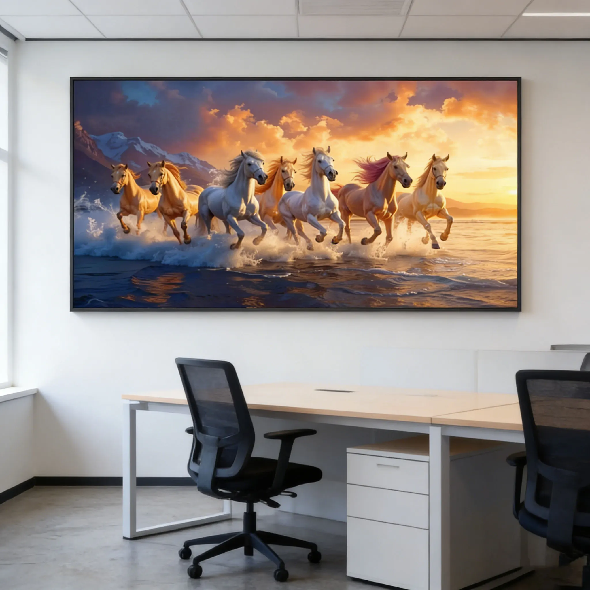 Majestic Eight Horses Panoramic Wall Print Decor - Dynamic Illustration of 8 Golden & White Horses Galloping Through Water at Su