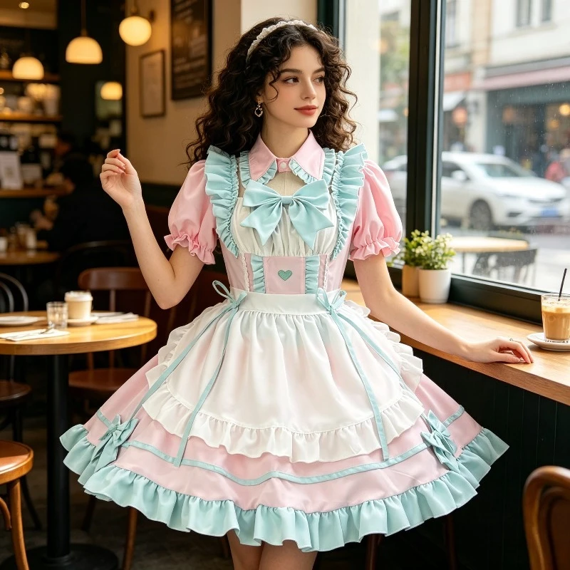 

Soft Girl Lolita Maid Dress Japanese Sweet Lolita Dress Color Blocked Coffee Shop Cosplay Apron Set Girlish Daily Short Skirt