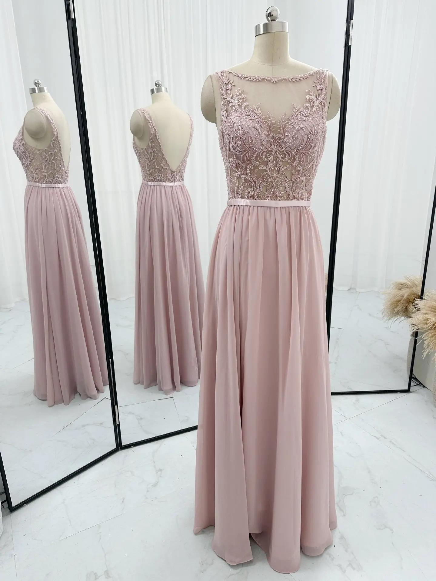 Pink Fashion Sweet Sleeveless A -Shaped Slim Chiffon Evening Dress M1451