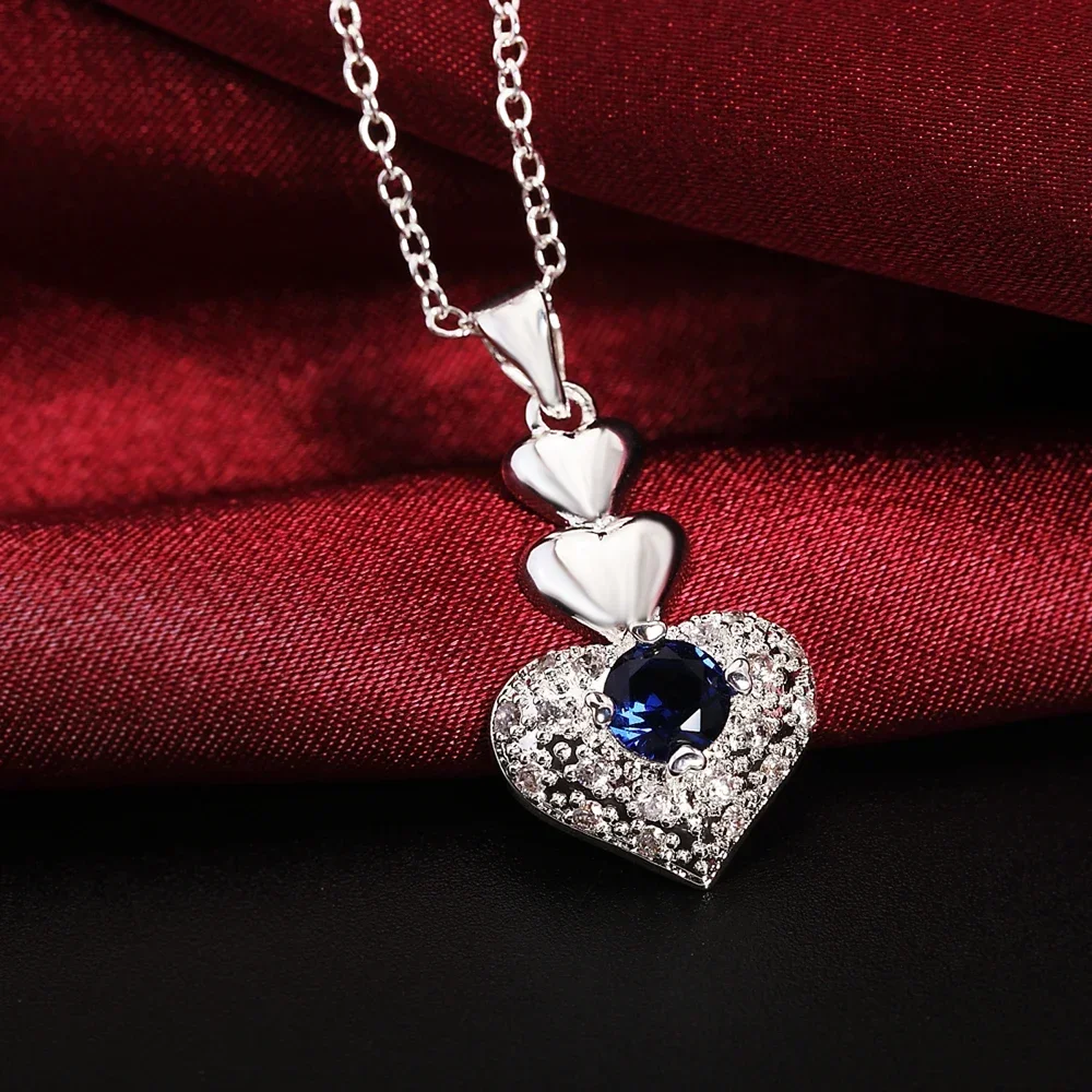 Hot Fashion 925 Sterling Silver Classic Blue Crystal Heart Pendant Necklace For Women Christmas Gifts Wedding Party Jewelry