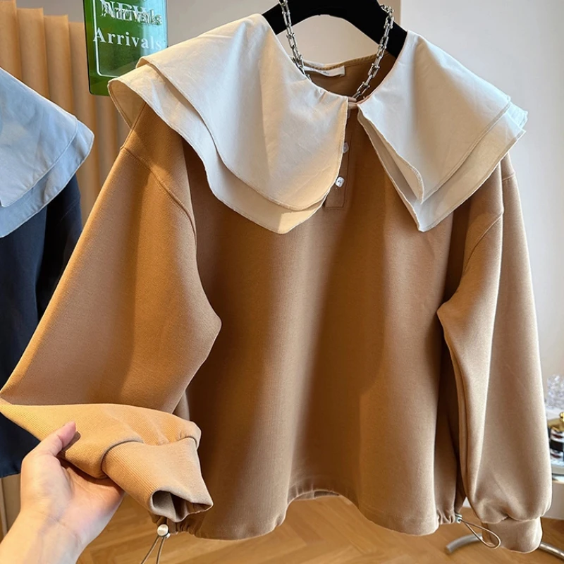 Kordelzug Kontrast Patchwork Lose Trend Hoodies Sweatshirts Frühling Herbst Langarm Casual Tops Mode Faule Frauen Kleidung