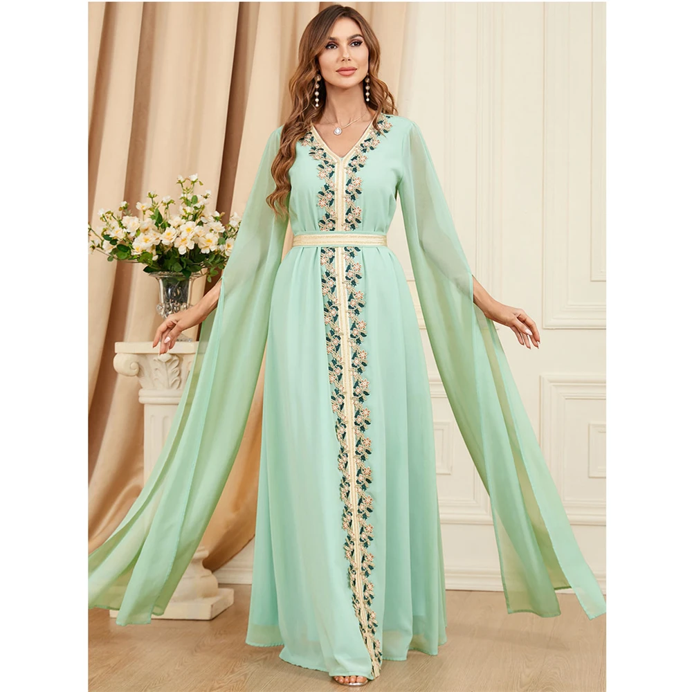 

Eid Mubarak Djellaba Women Muslim Cape Sleeve Party Dress Ramadan Dubai Abaya Turkey Kaftan Tape Trim Jalabiya Marocain Robe New