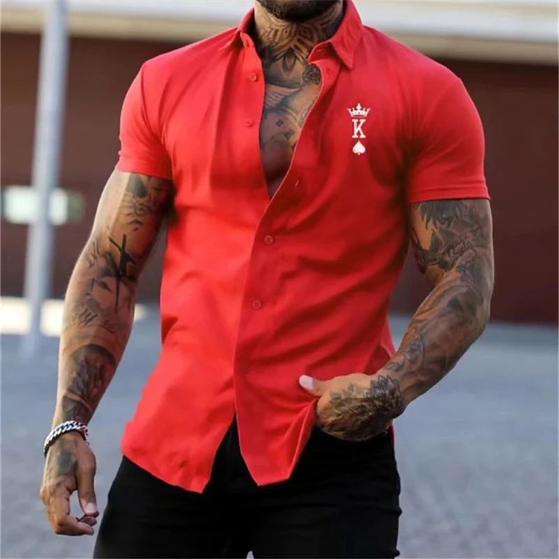 

Fashion K Letter Graphic Shirts For Men Summer Trendy Short Sleeve 3D Printed Lapel Button Shirt Loose Streetwear Simple Blouses