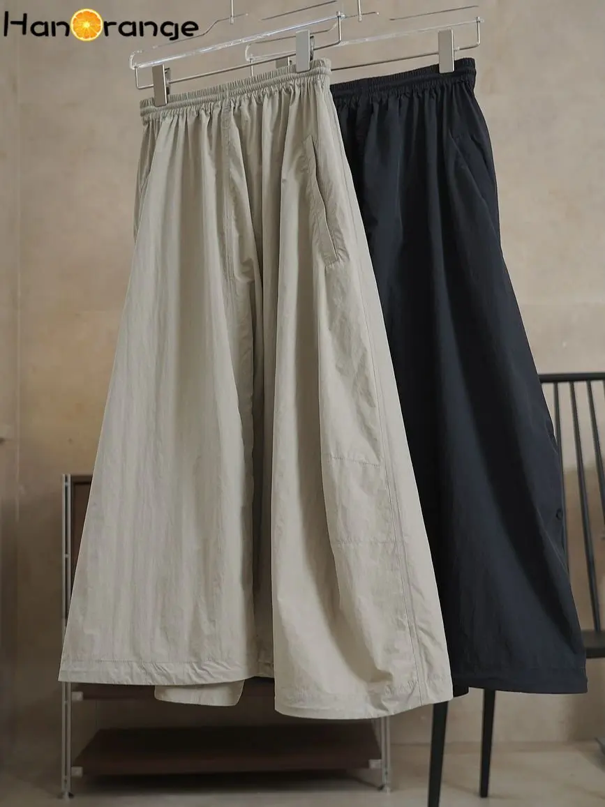 HanOrange 2024 Spring Summer Outdoor High Waist Skirt Drawstring Loose Breathable Umbrella Skirt A-line Midi Skirt Black/Khaki